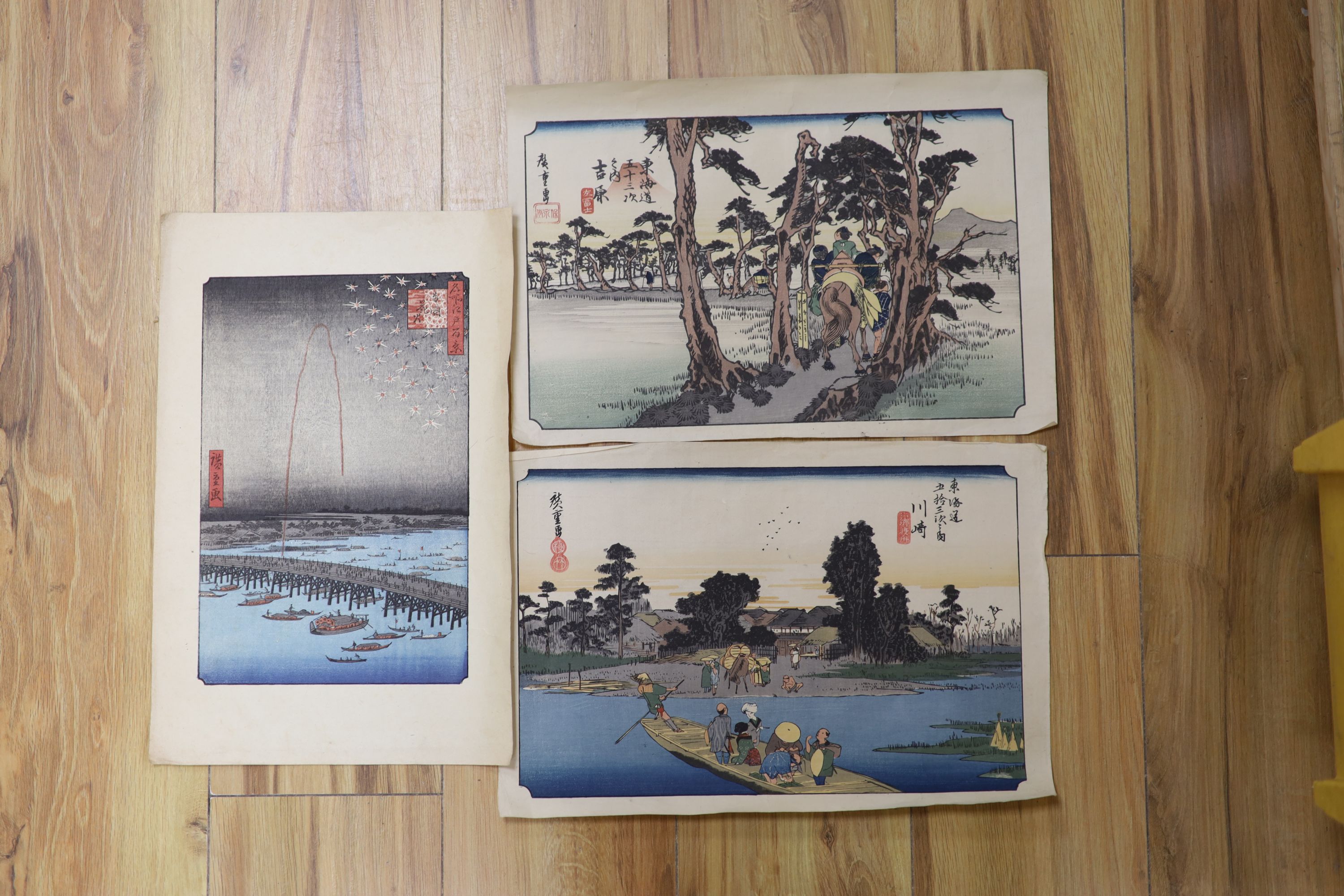 Three Japanese wood block print, Landscapes, 25 x 37cm, unframed